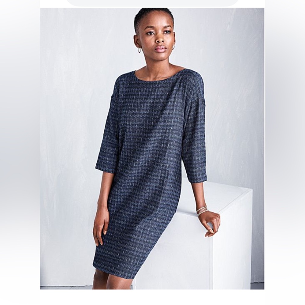 Eileen Fisher Textured Navy Long Sleeve Dress